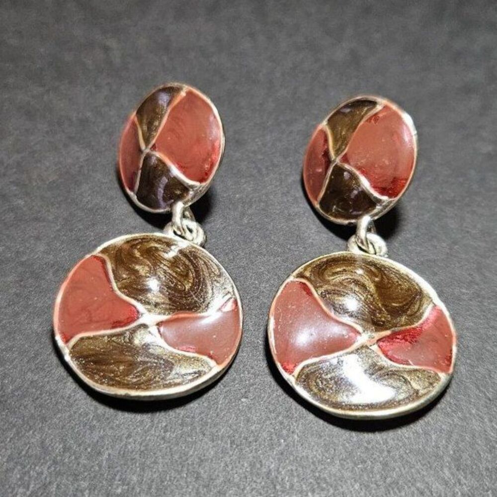 Vintage silver tone round enamel dangling earrings - Picture 2 of 8